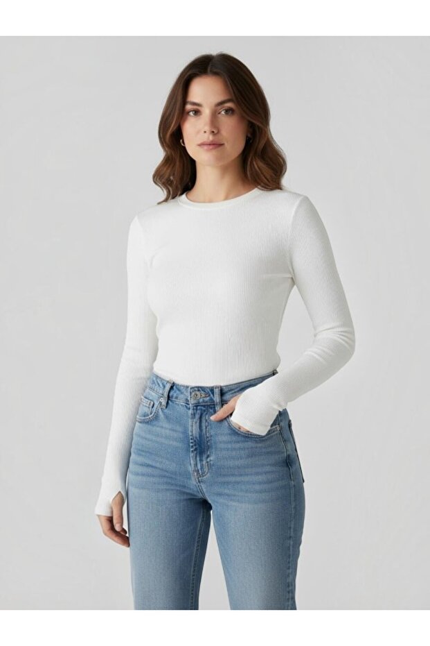Women's Crew Neck Long Sleeve Fingerless Stretchy Bodysuit T-Shirt