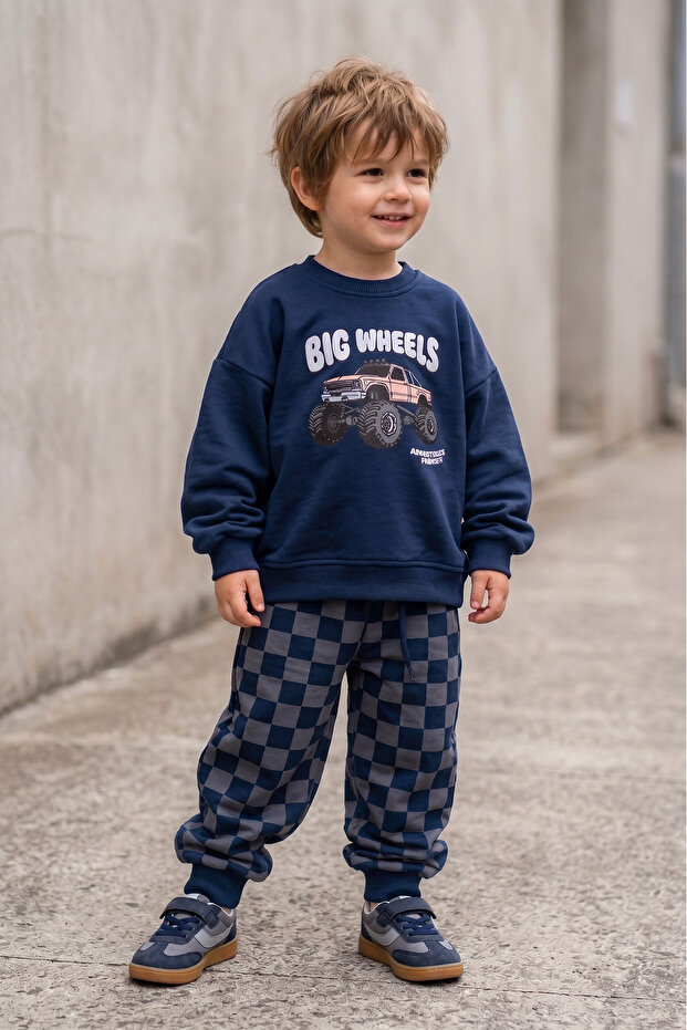 Boy's 3 Thread Cotton Fabric Navy Blue Checkered Patterned Undercoat Tracksuit Set