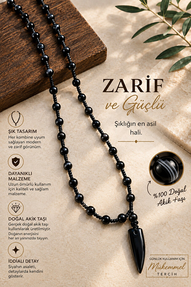 Black Beaded End Detail Necklace Men's Unisex Chain Necklace Daily Use Stylish Accessory