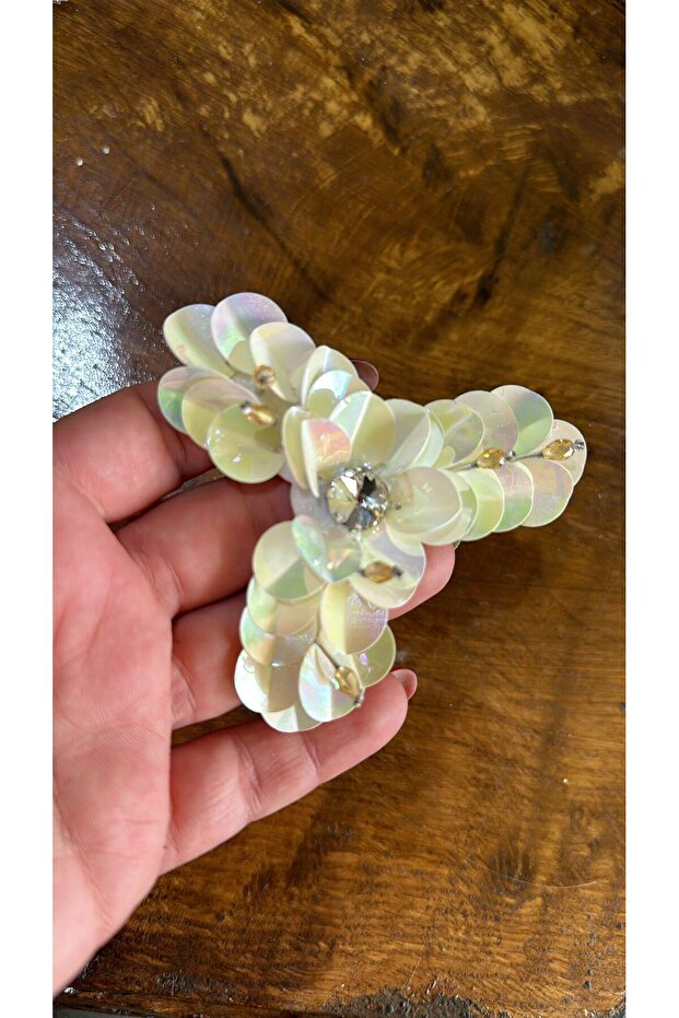 8X8 cm Zircon Stone Sequined Flower Arma Ecru