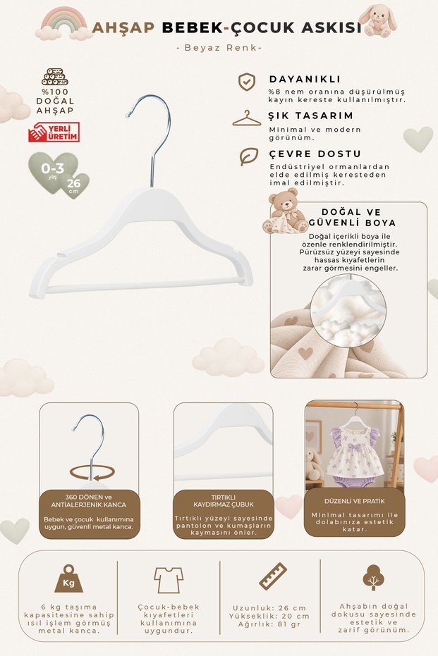 Wooden 8000 0-3 Years Old 26cm Baby-Child Hanger with Bar White Color 6 Pieces