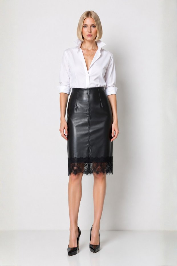 Black Faux Leather Midi Pencil Skirt with Front Stitching and Lace Detail