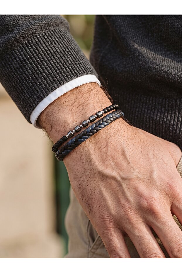 Men's Genuine Leather Bracelet - Navy Blue Black Five-Strand Braided, Natural Hematite Stone