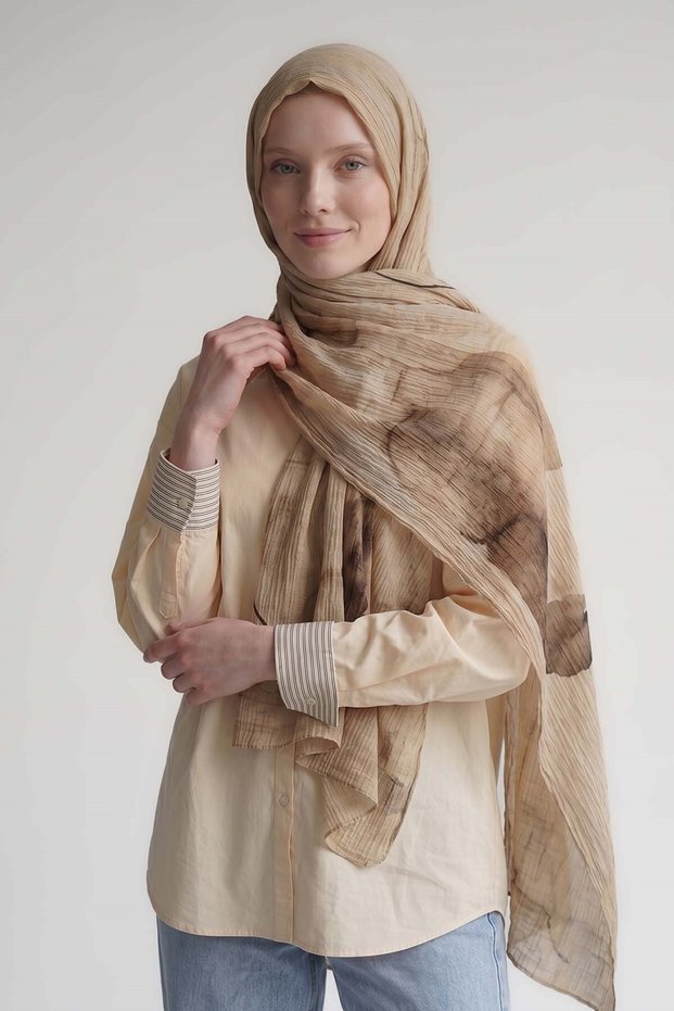 Beige Crayon Pattern Muslin Shawl