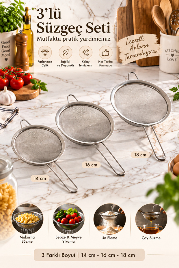 15858 Liam 3-Piece Strainer Set Stainless Wire Strainer Steel Colander 14-16-18 cm