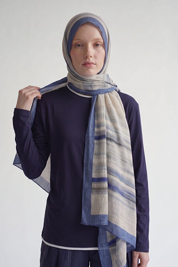 Cobalt Blue Striped Muslin Shawl