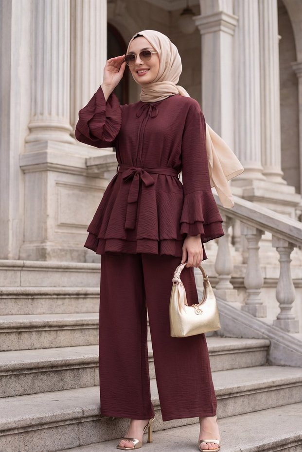 Jacquard Gofre Suit with Flared Sleeves, Flounce Detail, Wide-Legged Trousers and Belt - Burgundy