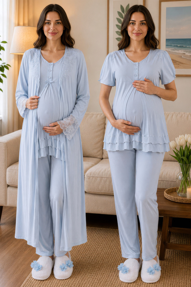 Comfortable Fit Short Sleeve Maternity Pajama Set with Dressing Gown Effortt - Blue