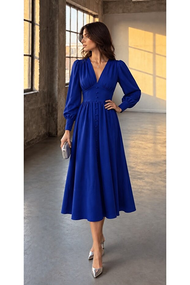 V-Neck Button Detailed Waist-Fitted Cobalt Blue Long Dress 582785