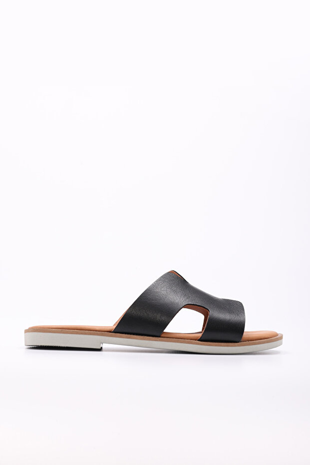 Genuine Leather Black Women's Flat Slippers 227Za16408