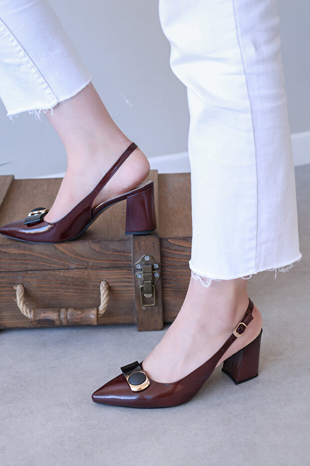 Genuine Leather Claret Red Women's Thick Heeled Shoes 215Za2977