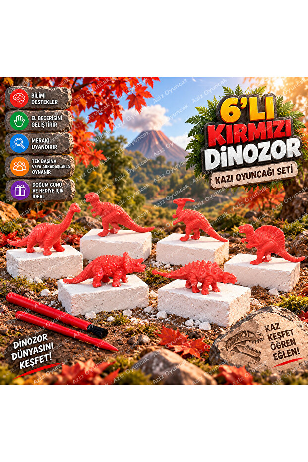 ❤️ 6-Piece Red Dinosaur Excavation Kit | Dinosaur Excavation Toy, Surprise Discovery and Archaeology Set