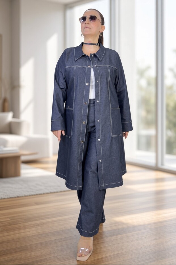 Snap Closure Pocket on Jacket Waist Elastic Pocket Pocketed Ntolon Large Size Jeans Suit