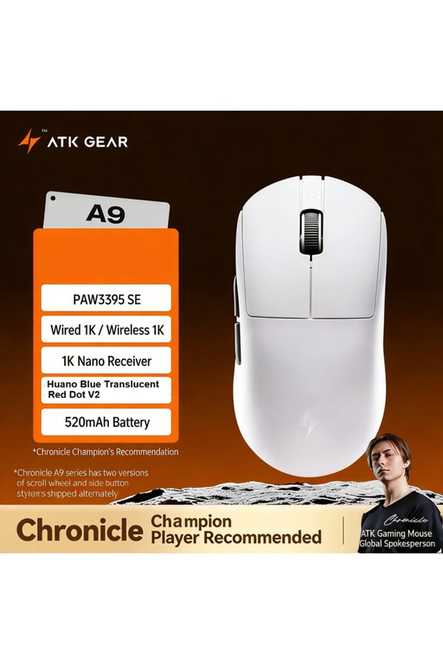 A9 White ATK A9 Air Tri Mode Dual 8K Wireless Gaming Mouse PAW3950 Ultra 53g Lightweight 800mAh 4200
