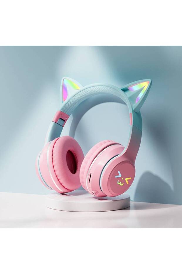 pink Gradient wireless Headphones RGB cute cat ear Bluetooth Earphones with microphone Stereo Music