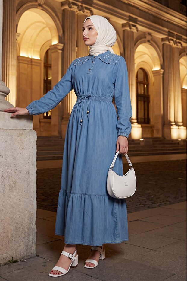 Long Denim Dress with Pearls on Shoulders and Elastic Waist