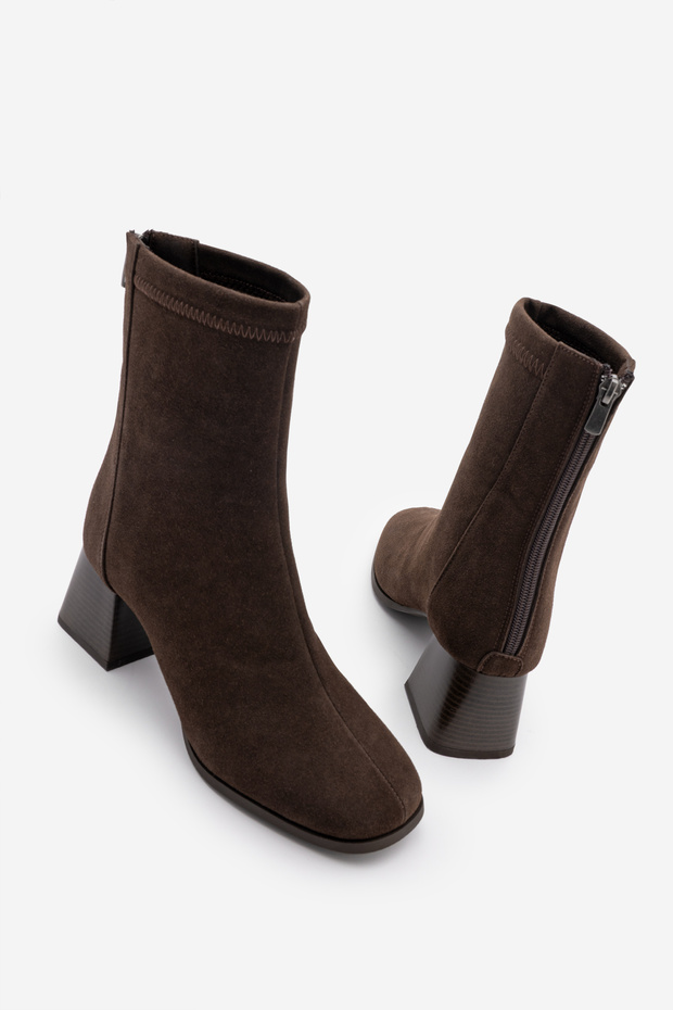 Women's Heeled Boots Blunt Toe Back Zipper Nayis Brown Suede