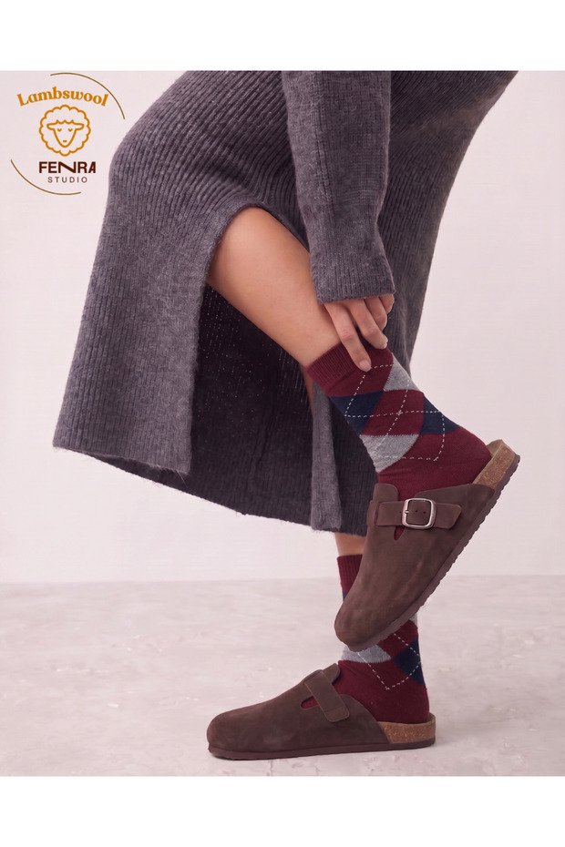 Women's Winter Thermal Wool Warm Lambswool Burgundy Navy Blue Gray Argyle Socks