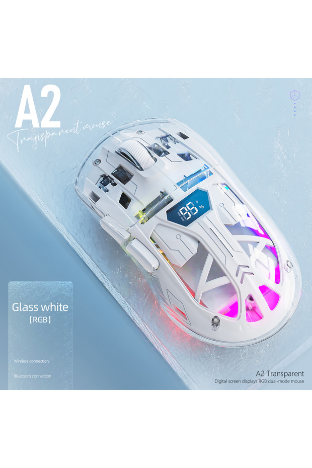 Glass White FREEWOLF A2 RGB Wireless Gaming Mouse, Bluetooth/2.4G Dual Mode, Transparent Battery Dis
