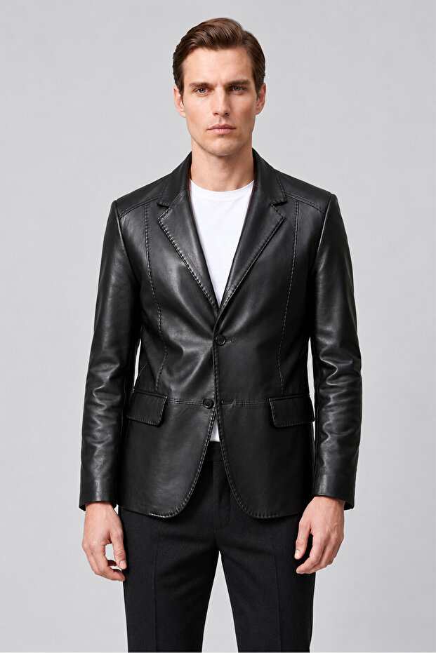 Adrian Black Lined Buttoned Men's Genuine Leather Classic Jacket