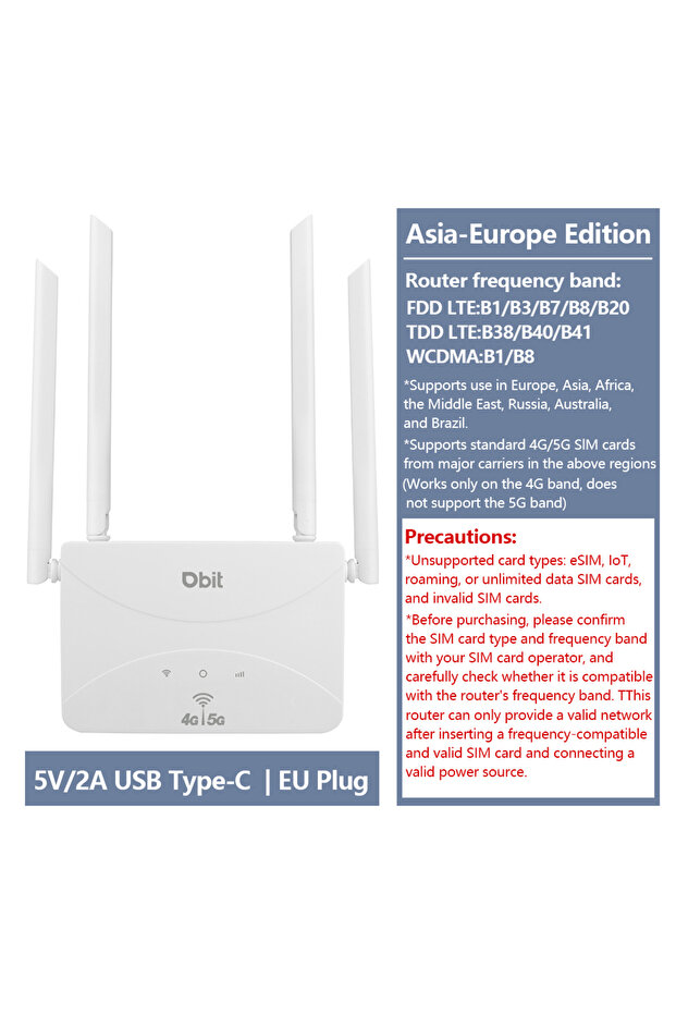 EU Plug Wi-Fi6 4G Router DBIT Wi-Fi6 4G Lte Router 300Mbps Wireless Router 4G WiFi Modem Compatible