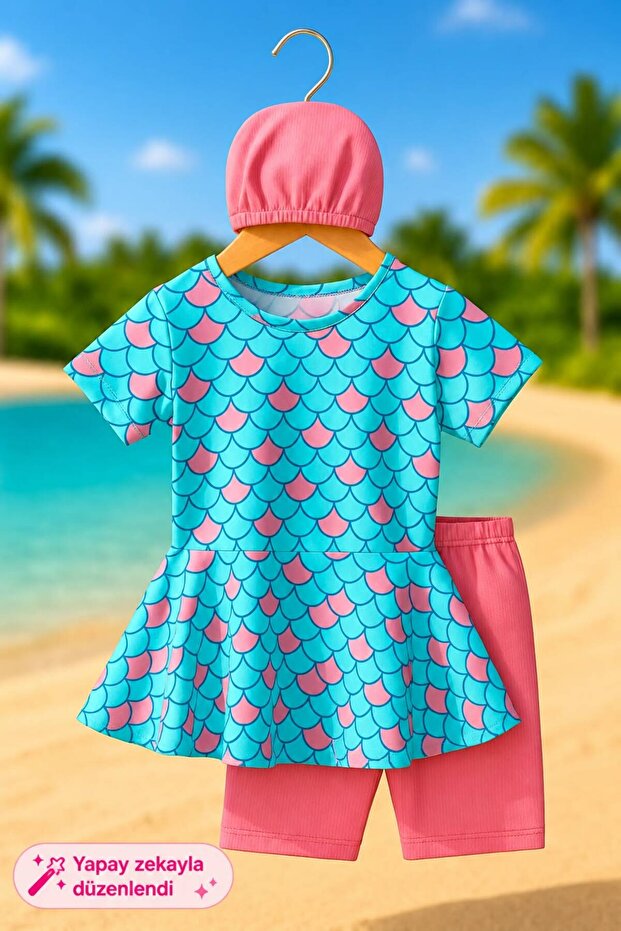 Three Piece Girl's Bonneted Swimsuit