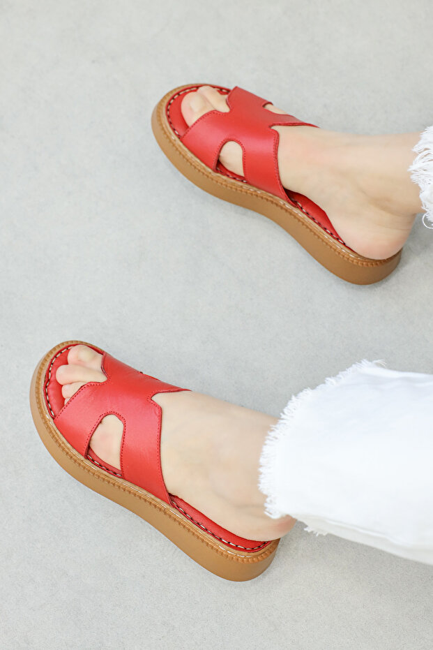 Genuine Leather Red Women's Flat Slippers 621Za858