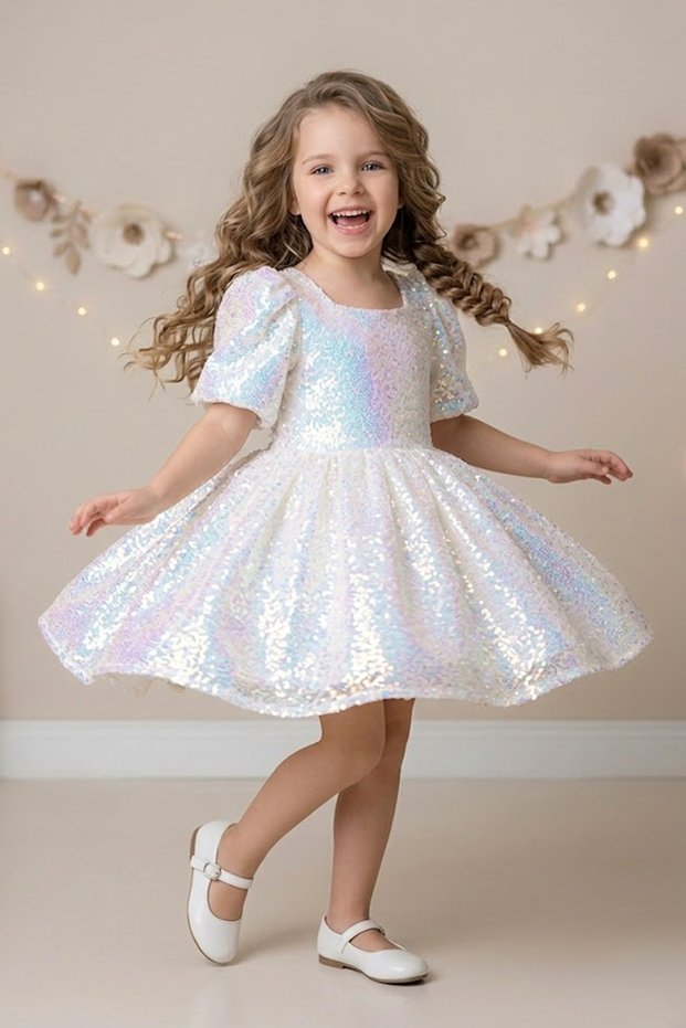Baby Girl Birthday Party Wedding Dress Balloon Sleeve Sequin Bow Lined
