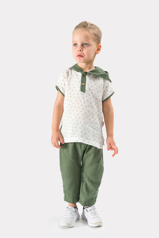 Baby Boy Hat Summer Muslin Fabric Muslin Top and Bottom Baby Set