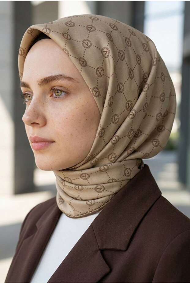 100% pure silk twill scarf 90x90 beige monogram pattern hand stitched