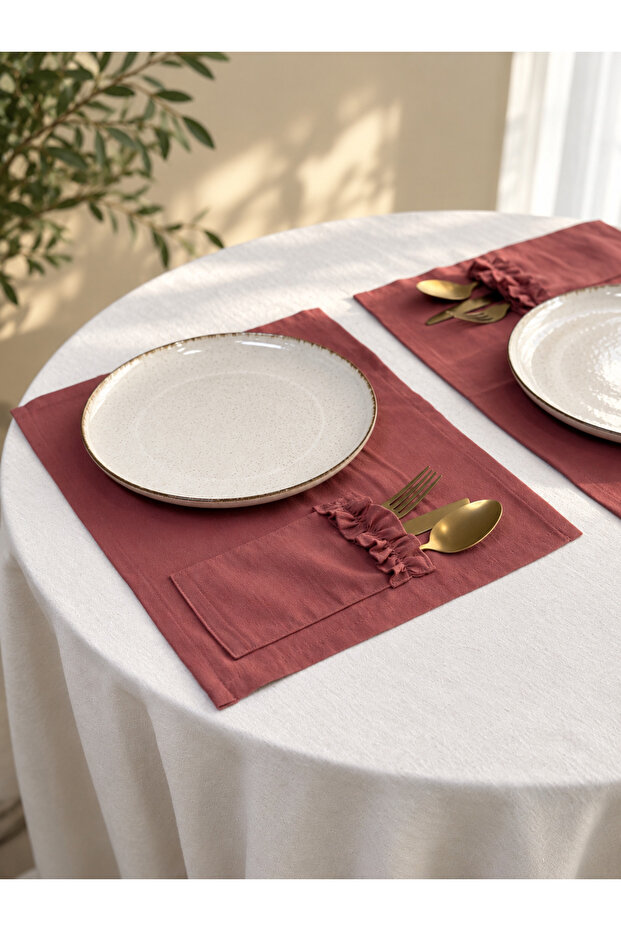 2-Piece Pink Pocketed Linen Ruffle Detailed American Tablecloth/Placemat