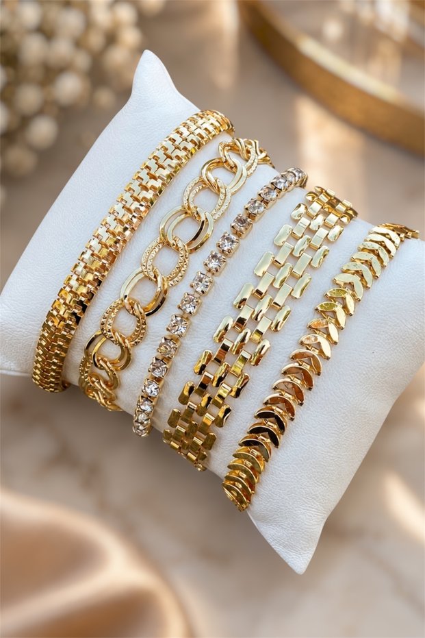 5-Piece Gold Color Women's Bracelet Combination with Zircon Stones