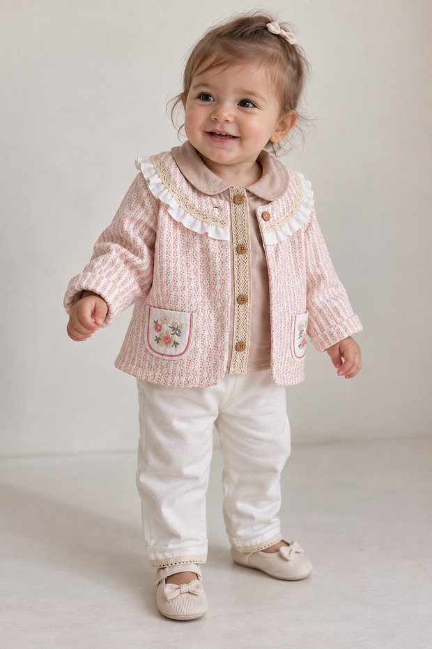 My Little Baby Girl's 3-Piece Baby Girl Set with Flower Embroidery Detail - Mink