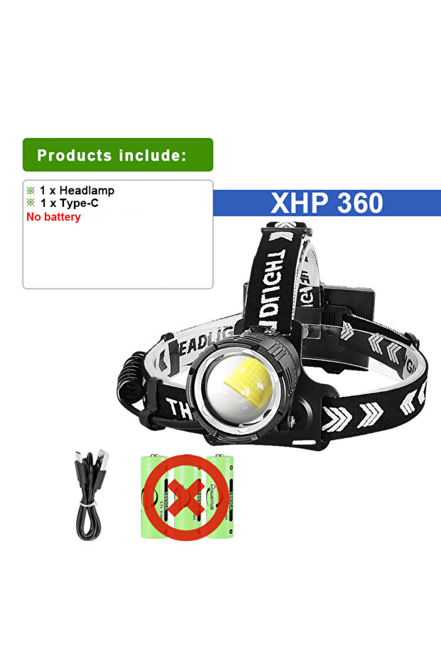 A-XHP360 No battery High Power LED Headlight XHP360 Most Powerful Long Range Head Flashlight With Wa
