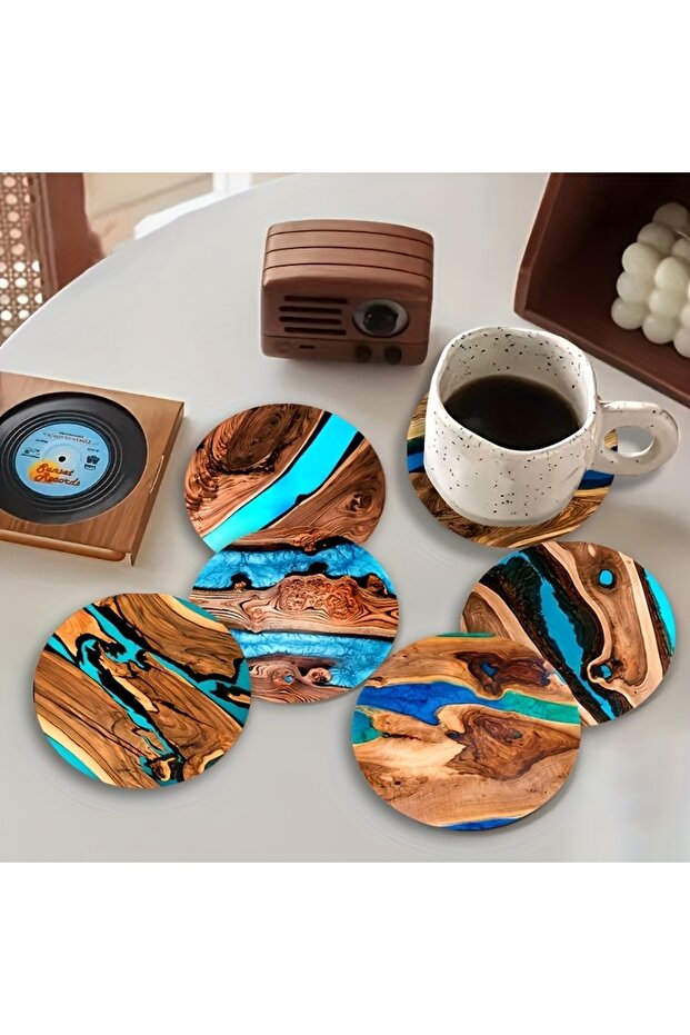 6pcs 2D Blue-Green Patterned Wooden Coaster Round Coasters Anti-Scald Anti-Slip Properties for Home