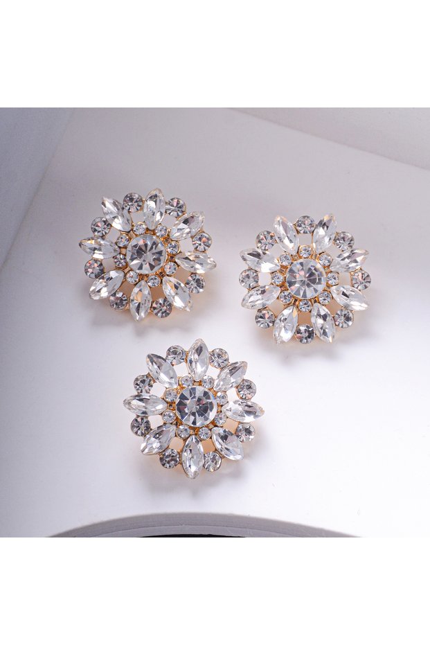 24MM-3pcs Golden White 3pcs Luxury Round Flower Rhinestone Cutouts in Multiple Colors Glitter Button