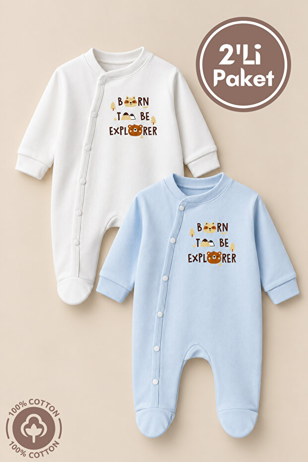 Unisex Born to Be Printed 0-6 Months Combed Organic Cotton Baby Rompers with Booties Set of 2