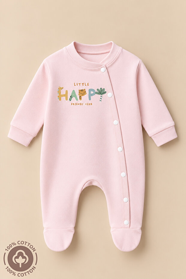 Unisex Happy Printed 0-6 Months Combed Organic Cotton Baby Romper with Booties