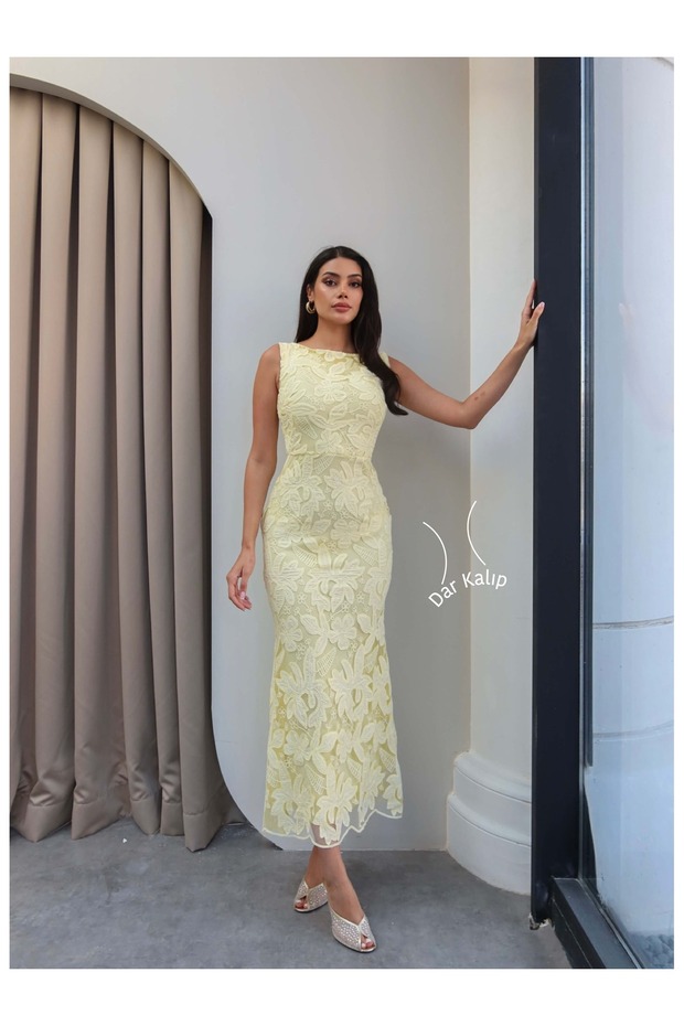 Zero Sleeve Floral Embroidered Long Dress