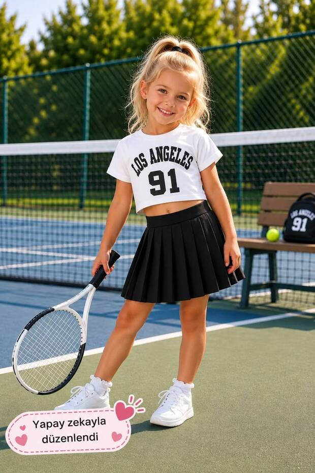 Pleated Skirt Printed Girl's Suit