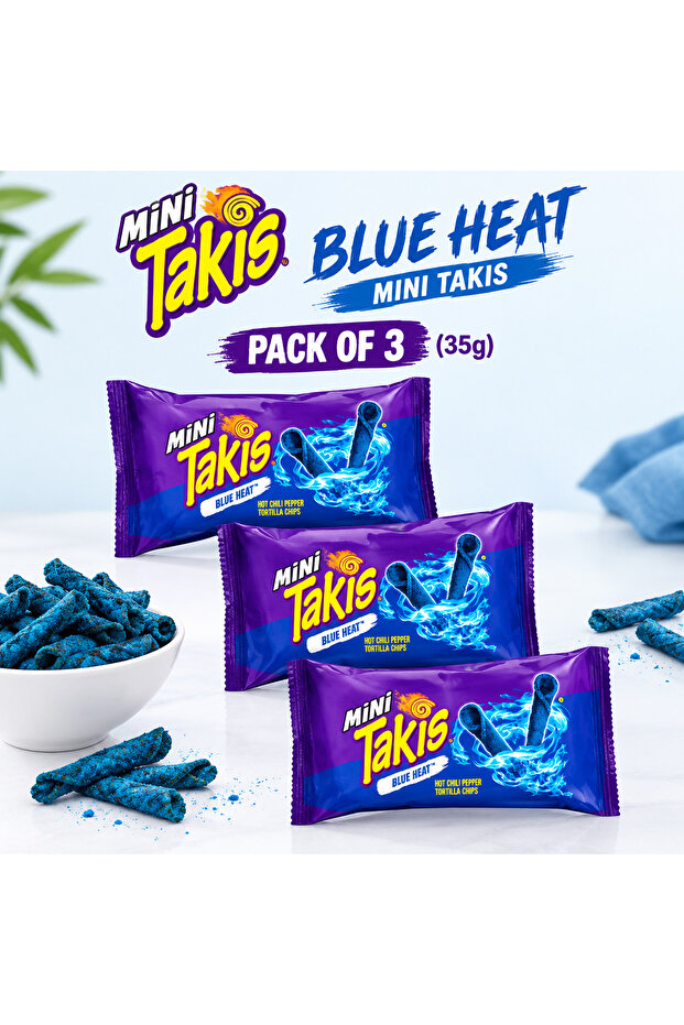 Takis Blue Heat Mini | Rolled Tortilla Chips Extra Spicy Chili Flavor Crunchy Snack 35g | pack of 3