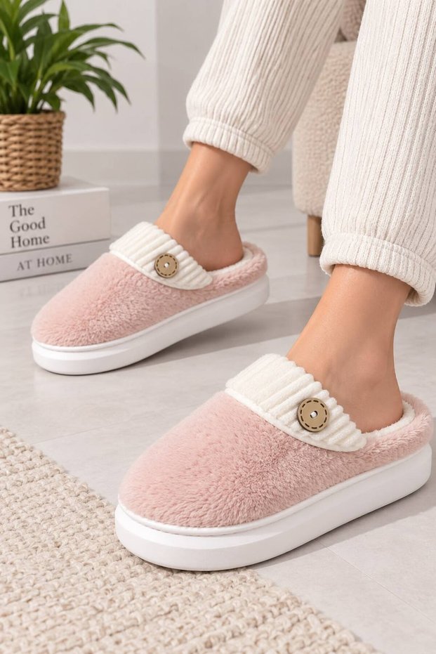 Women's Button Detailed High Eva Sole Plush House Slippers New Season