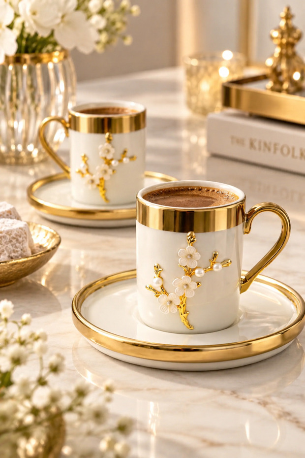 2-Person Luxury White Gold Gilded Pearl Lotus Branch Coffee Cup Set 100ml