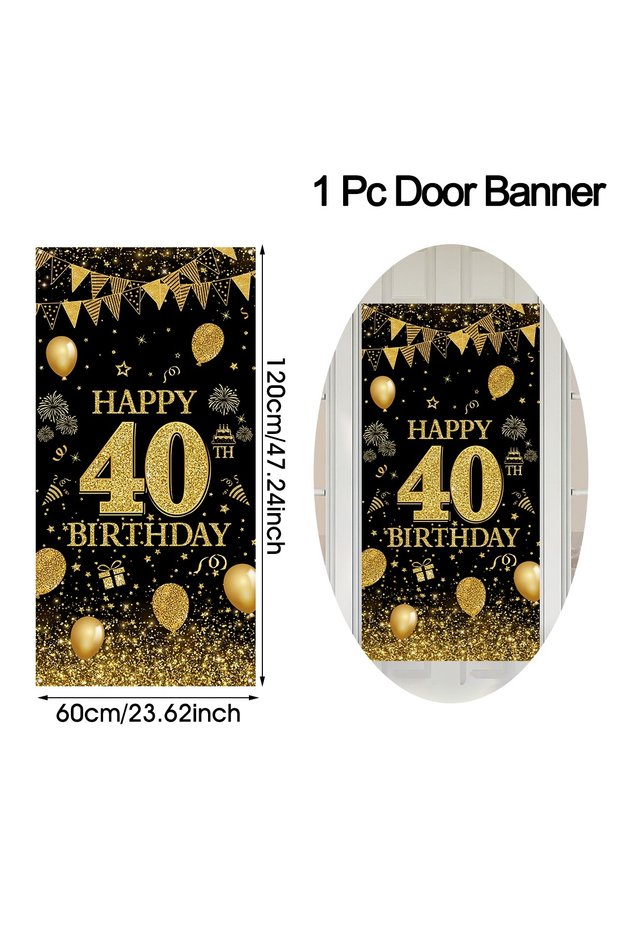 40th 40th Happy Birthday Door Cover Black Gold Polyester Door Banner Men Women Adult Birthday Party