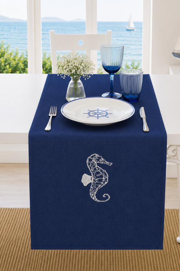 Marin Tablecloth Embroidered Sea Horse Table Runner 145X40 Water-Repellent Outdoor K Linen Boat Garden Living Room Kitchen