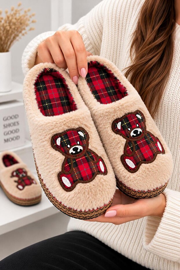 Women's Plaid Patterned Bear Figured Soft Plush Winter House Slippers New Season