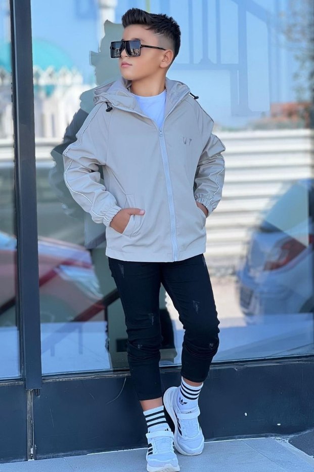 Boy's Hooded Jacket with Striped Sleeves and Printed Bondik Fabric Seasonal Coat Mm5011