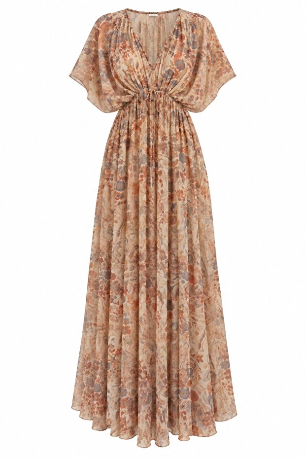 Brown Patterned Long Dress with Gipeli Waist - 3457