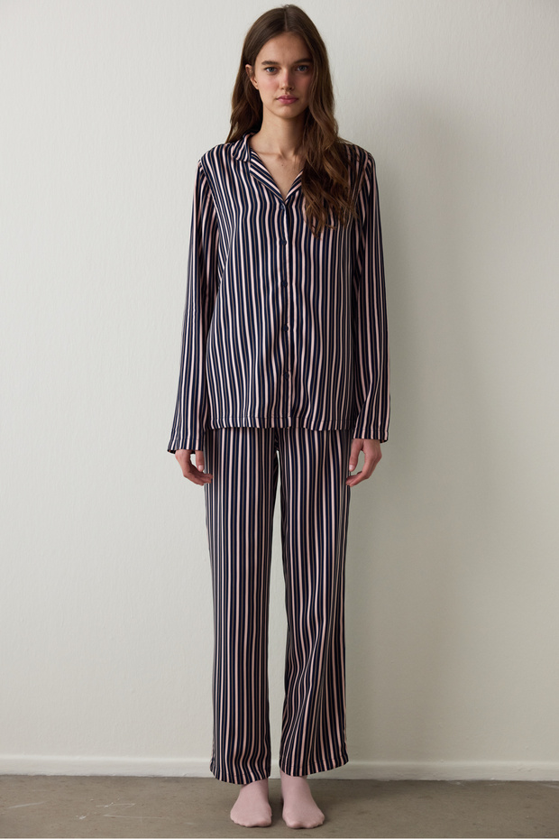 Navy Blue Striped Shirt Collar Long Sleeve Pajama Set