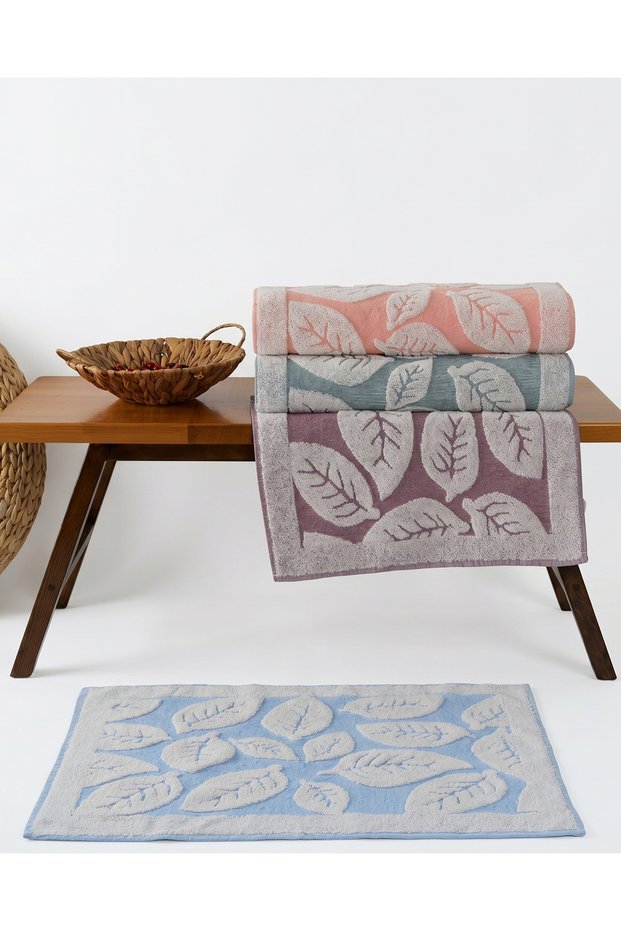 Vera 4-Piece Leaf Patterned Foot Towel Set 50X70 cm 100% Cotton Highly Water Absorbent